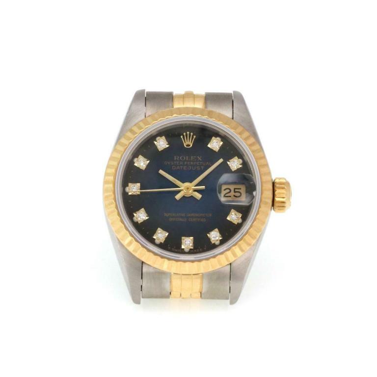 Rolex Lady-Datejust Women Watch: This is an authentic ladies wrist watch from Rolex. The 25.5mm round case and band is crafted from 18k yellow gold and stainless steel in the flexible jubilee band with deployment clasp. Sapphire crys
