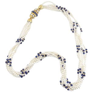 Gold, Cultured Pearl and Lapis Bead Torsade Bracel: Gold, Cultured Pearl and Lapis Bead Torsade Bracelet Composed of twisted strands of lapis and gold beads and cultured pearls,Signed M.B Stamped 18 Karat Yellow. Possibly Mario Buccellati. Measures 24