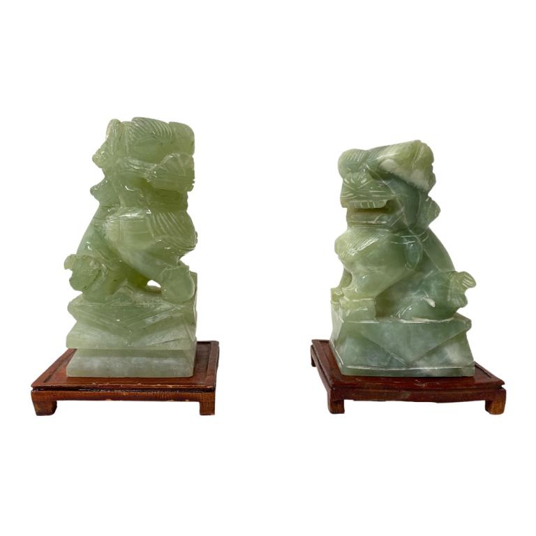 Pair of Chinese Jade Foo Dogs on Wooden Stands (1 of 4)