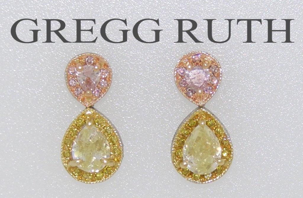 Gregg Ruth Pear Cut Yellow Diamond Retail $13,000: Pair of Gregg Ruth Pear Cut Yellow Diamond, Pear Cut Pink Diamond and Round Brilliant Cut White Diamond Drop Earrings ~ Set in 18k White Gold, Yellow Gold and Pink Gold ~ Total 1.65ct Diamonds ~ Appro