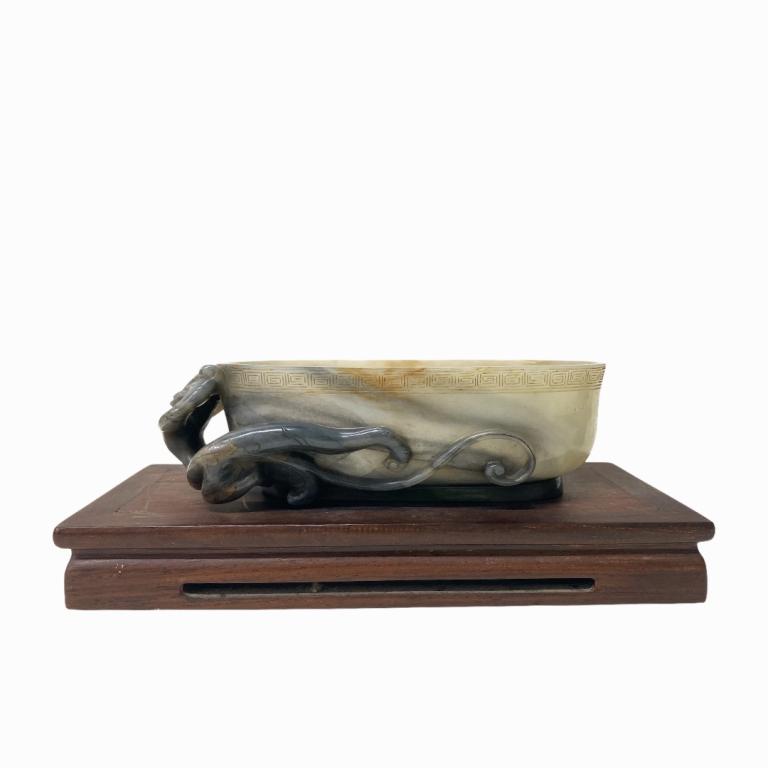 Chinese Hand Carved Jade Bowl on Wooden Stand (1 of 3)