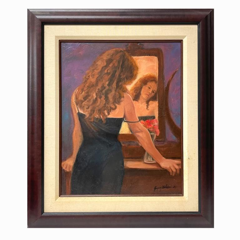 Gregory Wilhelmi "Girl with Red Flowers": Gregory Wilhelmi "Girl with Red Flowers". Oil on canvas. Signed. Measures 19 inches high x 15 inches wide with 2 inch frame.