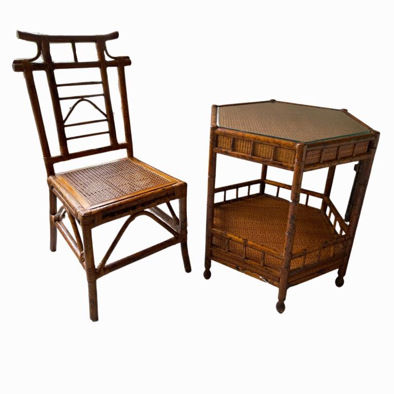 Mid-Century Bamboo and Wicker Chair & Side Table (1 of 3)