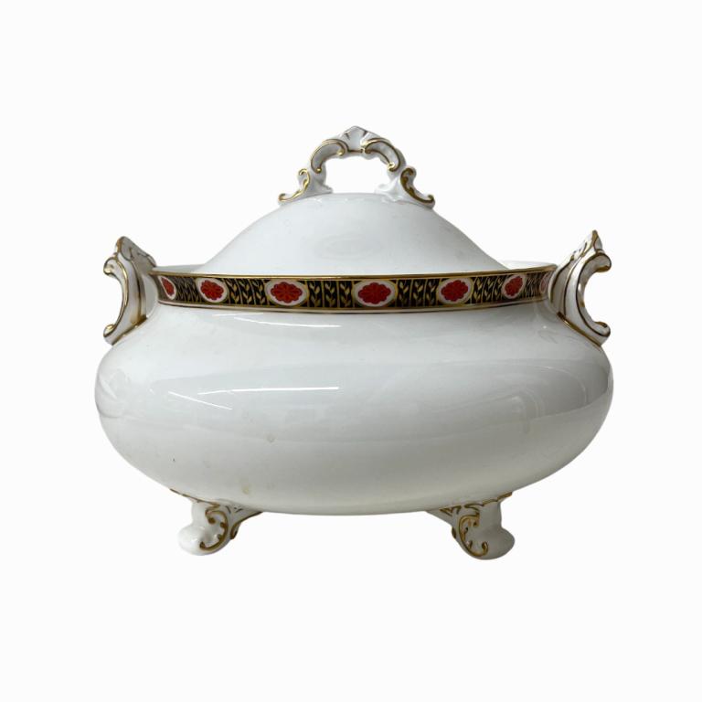 Royal Crown Derby China Ambassador Soup Tureen: English Royal Crown Derby China Ambassador Soup Tureen. Both lid and vessel are printed with the mention Royal Crown Derby, English Bone China. Measures approximately 9 inches high x 9 inches in diame