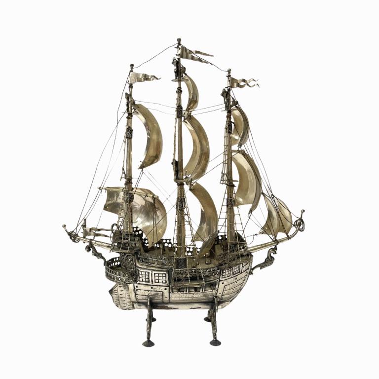 Antique Nautical Decor Silver Plated Ship. Measures (1 of 4)