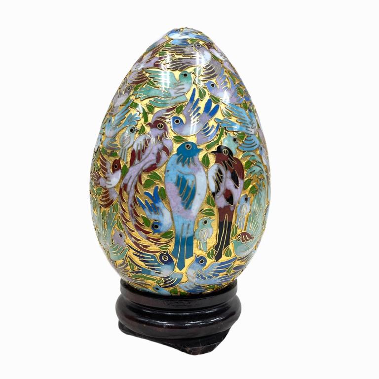 Decorative Gold Leaf Ostrich Egg on Wooden Stand. (1 of 2)
