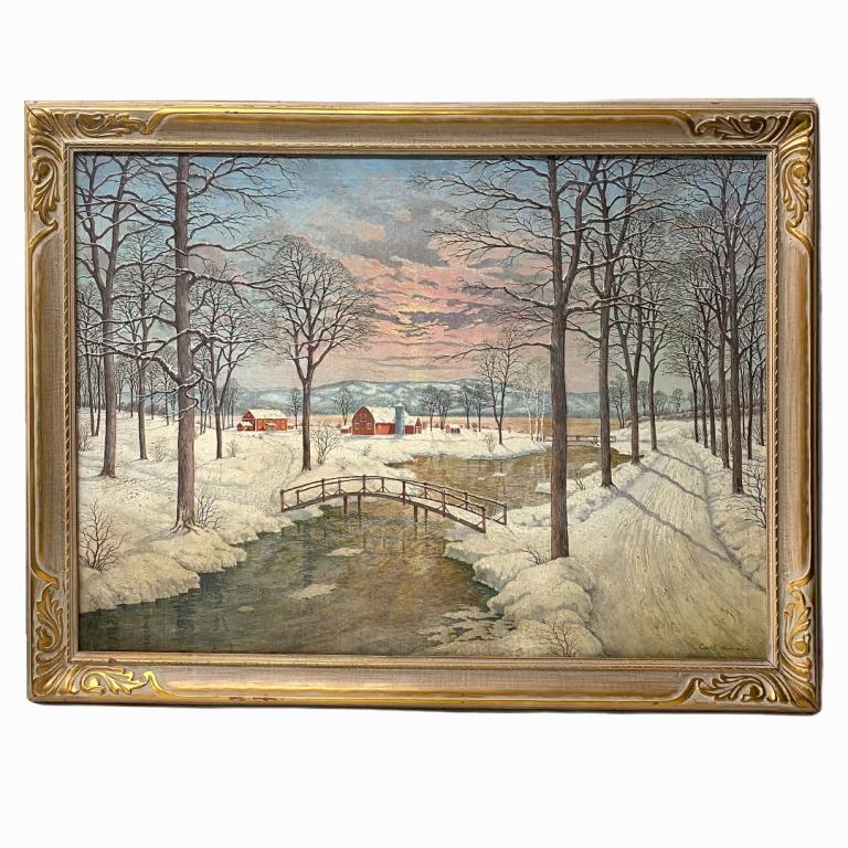 Carl Wuermer "Winter Solstice". Signed. Oil on Canvas.: Carl Wuermer "Winter Solstice". Signed. Oil on Canvas. Measures 28.5 inches high x 39 inches wide in a 4 inch frame.