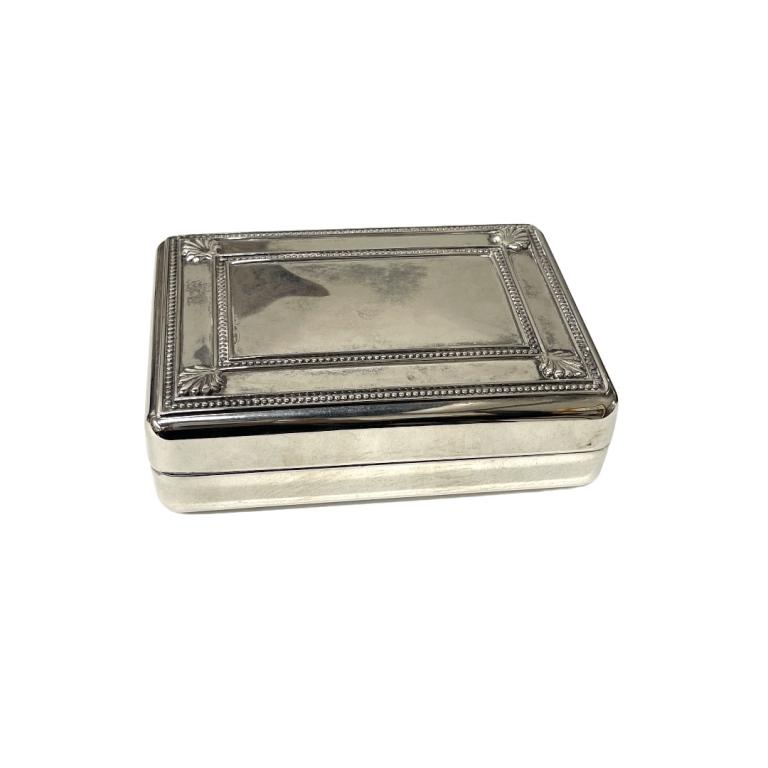 Silver Jewelry Box: Silver Jewelry Box. Measures 2 inches high x 5.5 inches wide x 1 inch deep.