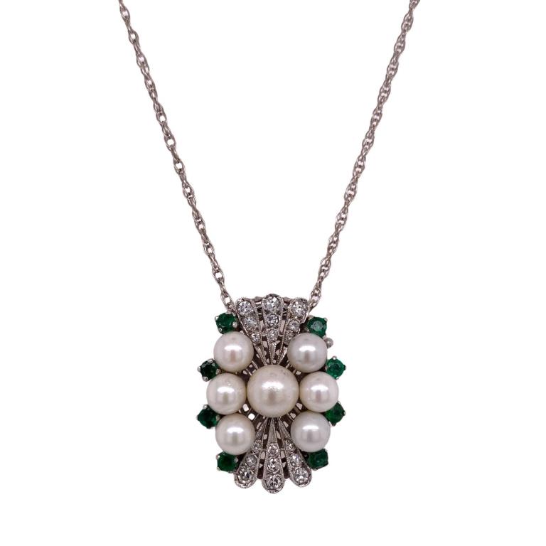 Emerald Diamond Pearl Vintage Pendant Necklace 14K (1 of 4)