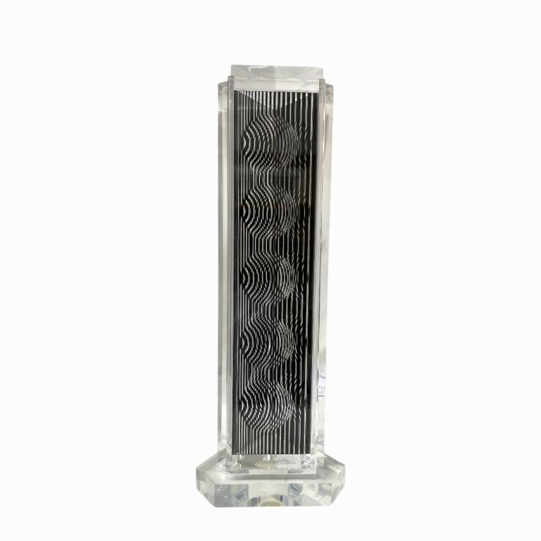 Victor Vasarely Lucite Op Moire Tower Sculpture: Victor Vasarely Lucite Op Art Moire Tower Sculpture. Measures 25.5 inches high x 7 inches wide x 5.5 inches deep.