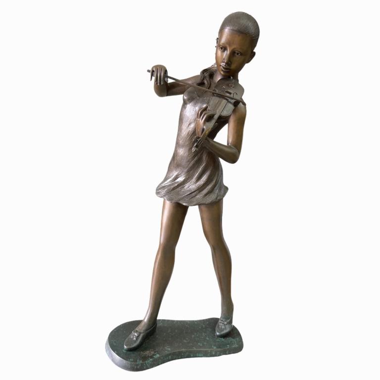 20th Century Bronze Girl Playing Violin Sculpture (1 of 3)