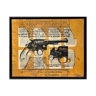 Peter Tunney "Revolver" Acrylic-Collage on Canvas: Peter Tunney "Revolver" Acrylic-Collage on Canvas Unique, Hand Pulled Silkscreen on Acrylic Paint and Burned and Destructed Vintage Pages of War and Peace on Canvas, Floated in a Museum Frame, Signed