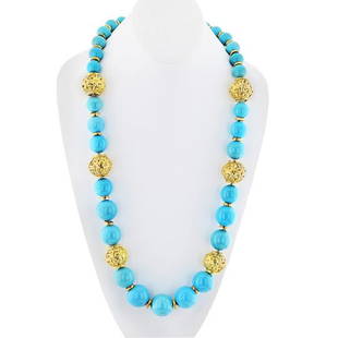 DAVID WEBB TURQUOISE PLATINUM & 18K YELLOW GOLD: DAVID WEBB TURQUOISE PLATINUM & 18K YELLOW GOLD LARGE BEAD STRAND NECKLACE Very impressive David Webb 18K yellow Gold turquoise bead necklace. Circa 1980's. The necklace features a strand of