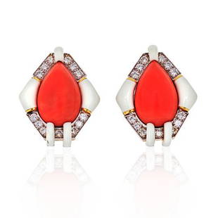 DAVID WEBB PLATINUM & 18K YELLOW GOLD CORAL, WHITE: DAVID WEBB PLATINUM & 18K YELLOW GOLD CORAL, WHITE ENAMEL, DIAMOND EARRINGS DAVID WEBB Coral, Enamel and Diamond Earrings in Platinum and 18k Yellow Gold. A recognizable David Webb creation, these