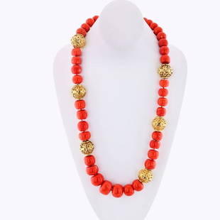 DAVID WEBB 1960'S 18K YELLOW GOLD LARGE CORAL BALL: DAVID WEBB 1960'S 18K YELLOW GOLD LARGE CORAL BALLS STRING NECKLACE Long voluminous necklace by David Webb made of coral beads and hammered 18k yellow gold. An impressive piece from 1980s. Coral