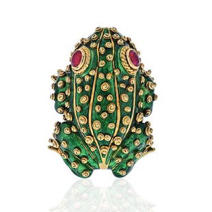 DAVID WEBB PLATINUM & 18K YELLOW GOLD GREEN ENAMEL: DAVID WEBB PLATINUM & 18K YELLOW GOLD GREEN ENAMEL AND RUBY EYES FROG BROOCH As the company says: "Frogs are lucky," was just one of David Webb's many quips. This dear frog was among the many frogs