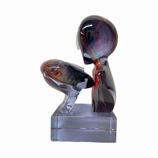 Dino Rosin, Il Bacio (The Kiss) Glass Sculpture: Late 20th century, Calcedonia Murano clear glass, polished by hand, mounted on alexandrite glass block allowing light to highlight and accentuate the work and artistâ€™s etched signature.