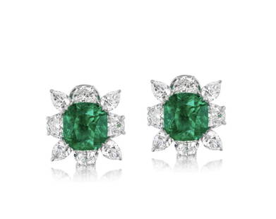 COLOMBIAN EMERALD AND DIAMOND EARRING: COLOMBIAN EMERALD AND DIAMOND EARRING A vibrant color combination from the luscious Colombian emeralds and bright colorless diamonds makes these earrings pop like no other Item: # 03679 Metal: 18k W