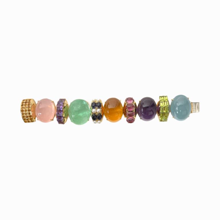 Seaman Schepps Style Gemstones Bracelet: Moonstone, peridot, amethyst, amethyst cab, citrine, and pearls. It measures 7.5" inches long.