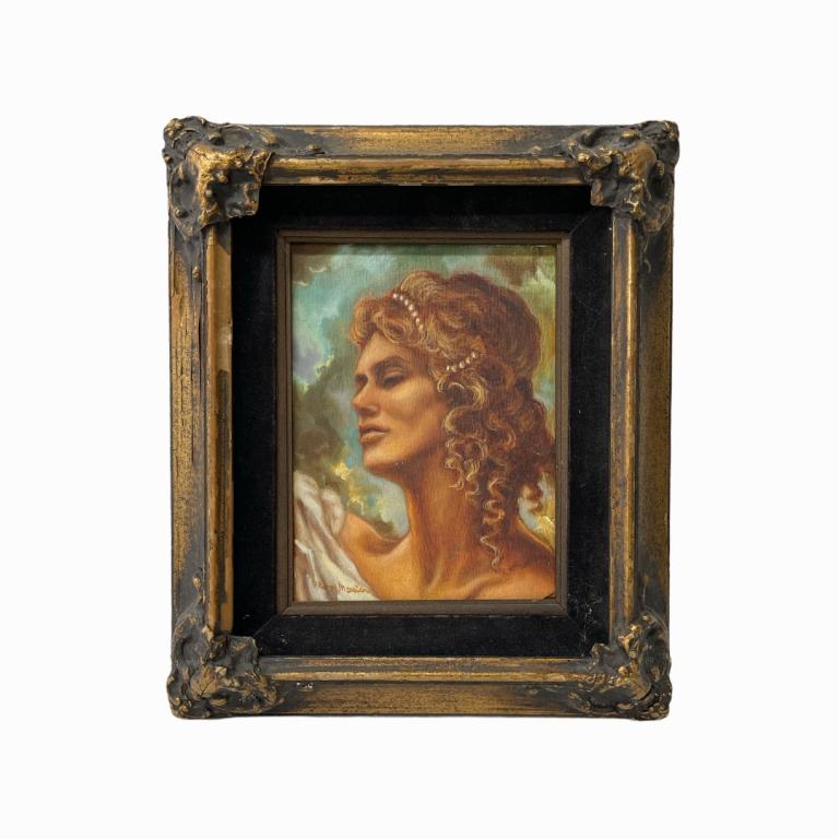 R. Moser, Belgian, Oil on Canvas: Antique painting of a woman profile. Framed. It measures 13" H x 11.5" W inches framed and 8" H x 5.5" W inches framed. Ware compatible with age, otherwise good condition.