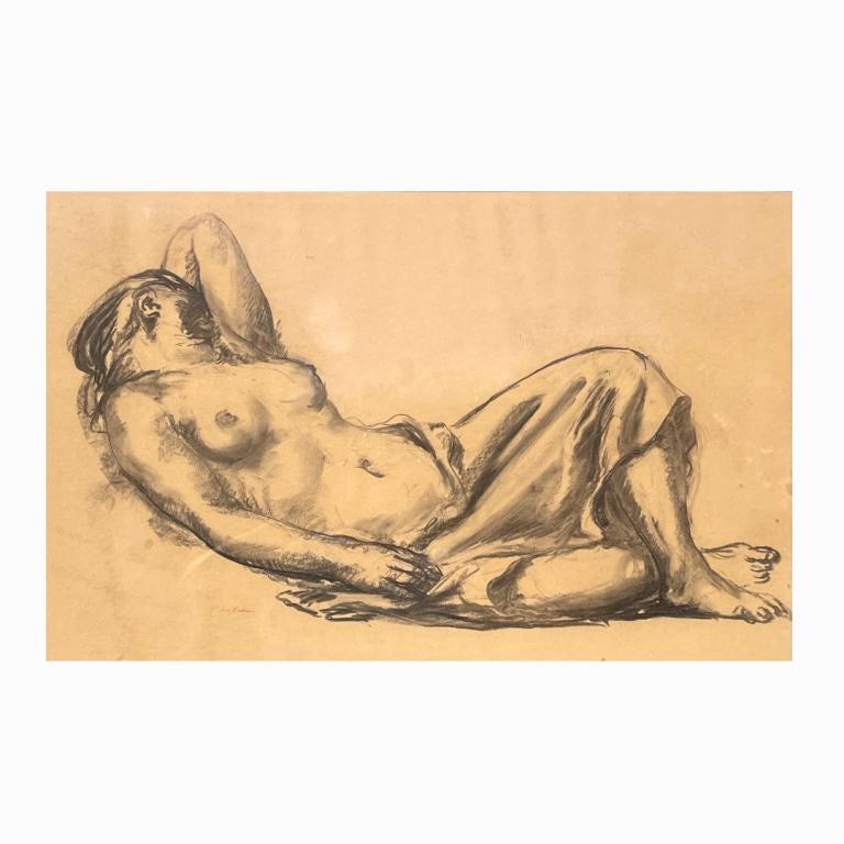Jon Corbino "Semi Nude". Signed. Charcoal, Conte C: Jon Corbino "Semi Nude". Signed. Charcoal, Conte Crayon on Paper. Measures 18 inches high x 27.5 inches wide in a 2 inch frame.