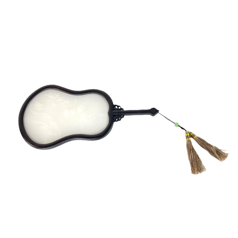 Chinese Carved White Jade Plaque: Chinese Carved White Jade Plaque. Measures 14 inches wide x 7 inches wide