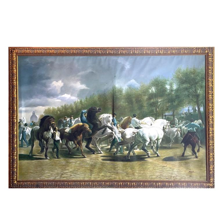 "The Horse Fair" After Rosa Bonheur: "The Horse Fair" After Rosa Bonheur Oil Paint Print on Canvas. Framed. Measures 55 Inches High x 79 Inches Wide.