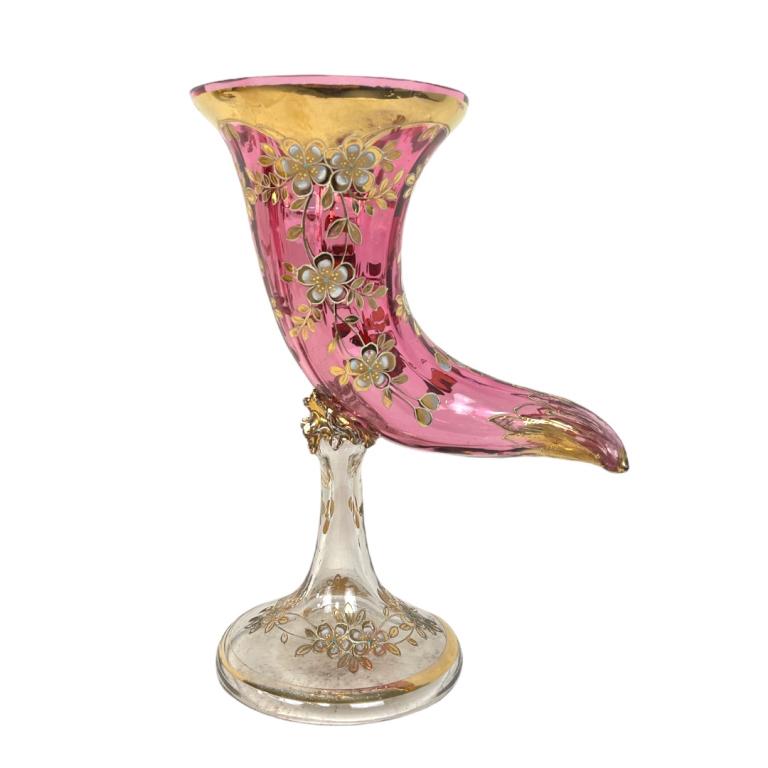 Moser Gold & Enamel Craberry Glass Cornucopia Horn (1 of 2)