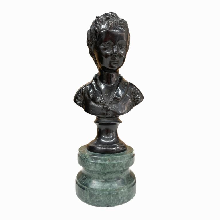 Bronze Bust Sculpture Of Boy on Green Marble Base (1 of 3)