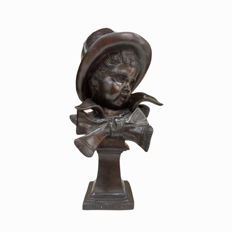 F. Houdon Bronze Bust Of Boy With Tophat & Bow Tie (1 of 4)