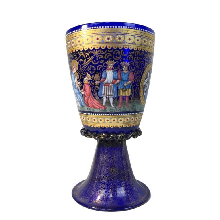 Venetian Cobalt Glass Religious Painted Chalice (1 of 3)
