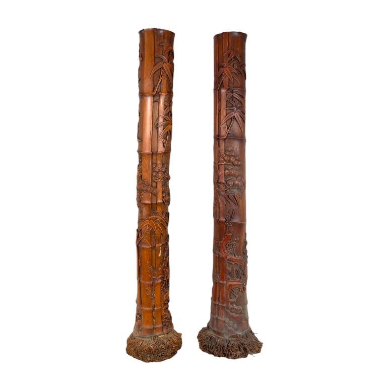 Pair Palatial Chinese Carved Genuine Bamboo Vases (1 of 4)