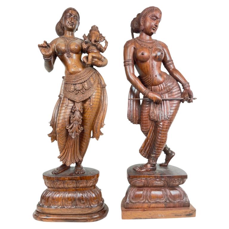 2 Large Heavy Tigerwood Hindu Goddess Sculptures (1 of 5)