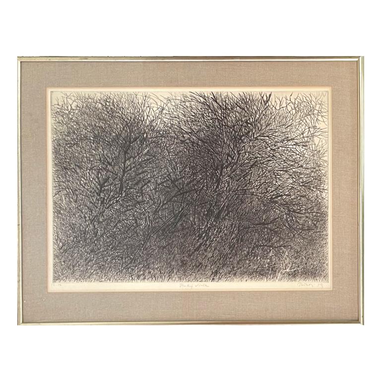 Gabor Peterdi "The Big Winter" Etching On Zinc: Gabor F. Peterdi (AMERICAN / CONNECTICUT / NEW YORK, 1915 - 2001) original large etching and engraving on zinc depicting brush with no leaves titled "The Big Winter". Pencil signed to lower right and
