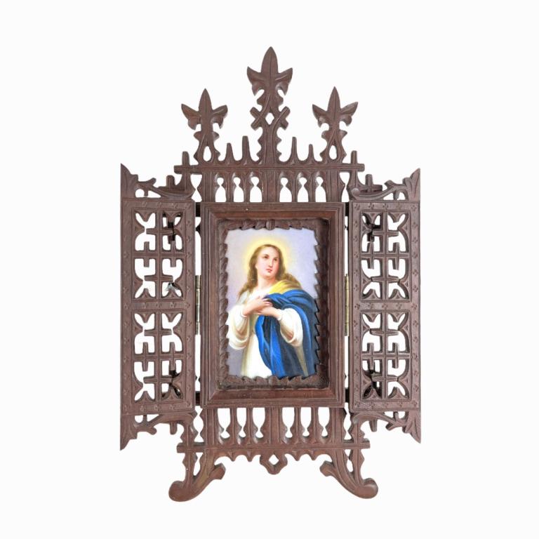 Antique Continental Hand Painted Plaque In Shrine (1 of 3)