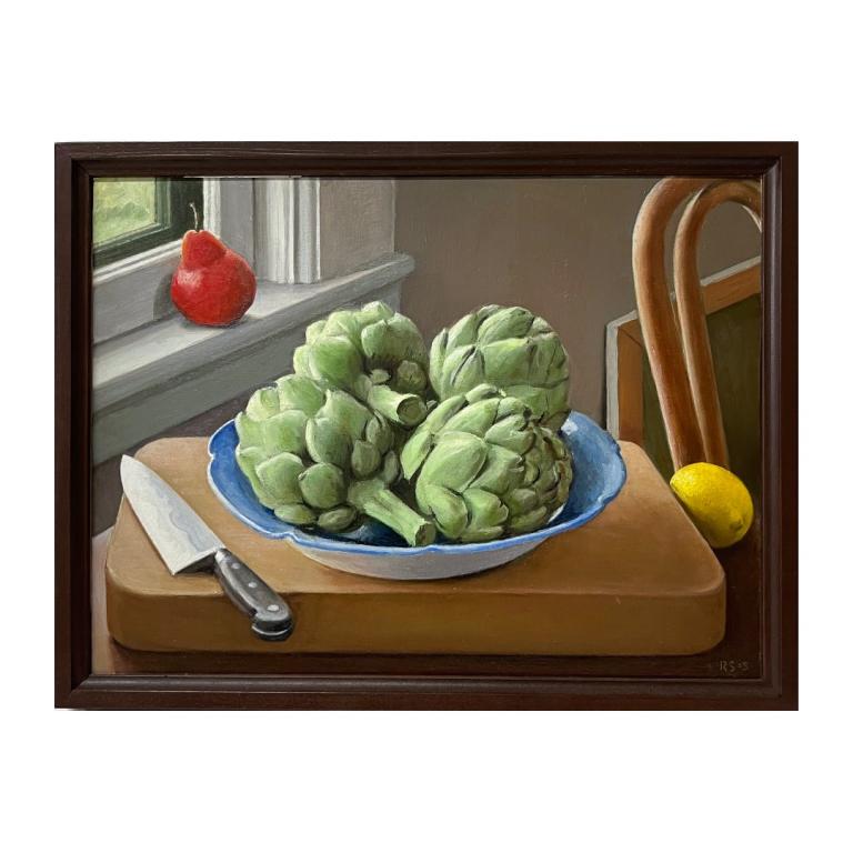 Ron Schwerin Still Life Oil Painting On Panel: Ron Schwerin (AMERICAN, Born 1940) oil painting on wooden panel board depicting a still life scene with fruits and vegetables with cutting board and knife. Signed to lower right and dated '05. Mounted