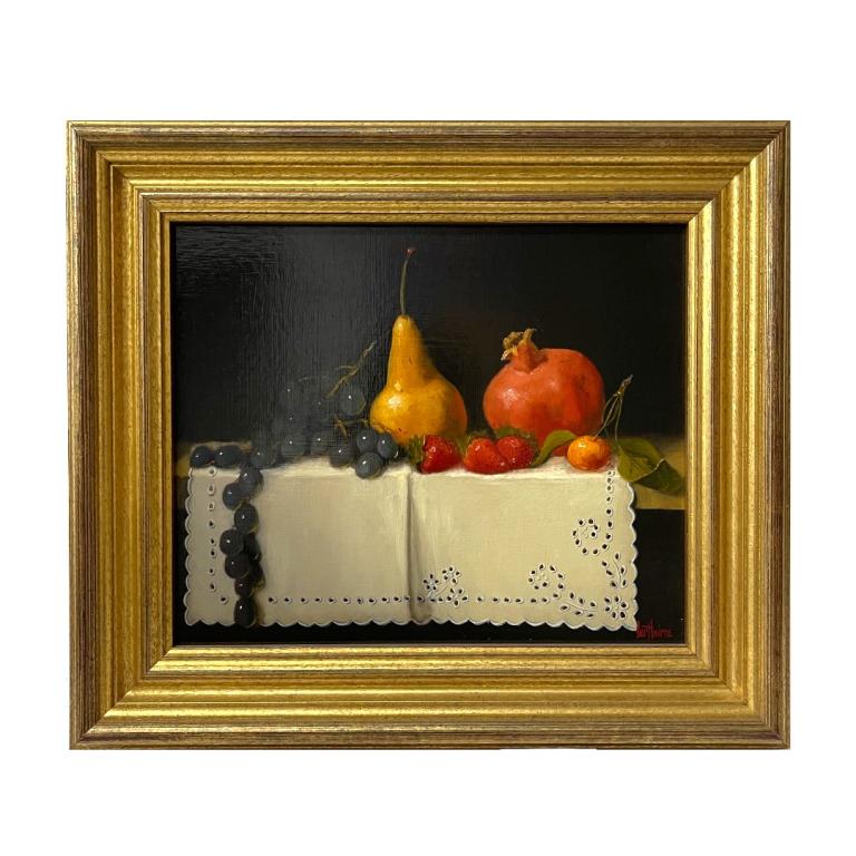 Bert Beirne Still Life Oil Painting On Panel Board: Bert Beirne (AMERICAN / GEORGIA / OHIO, born 1939) ultra-realistic still life oil painting on wooden artist panel board depicting "Fruit with Pomegranate and Cutwork". Signed to lower right. Mounted i