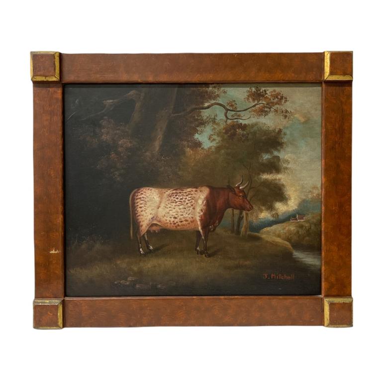 J. Mitchell English School Oil On Canvas Of Bull: Signed J. Mitchell, 19th century English school oil painting on canvas depicting a bull in exterior scene. Signed to lower right. Mounted in a wooden frame. Canvas on stretcher measures approx. 20" he