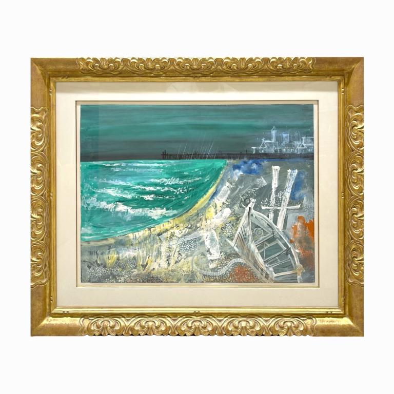 Byron Browne Provincetown Gouache On Paper 1957: Byron (George Byron) Browne (AMERICAN / NEW YORK, 1907 - 1961) original gouache work on paper executed circa 1957 depicting a Provincetown, Cape Cod scene titled "Rain Over Provincetown". Signed and d