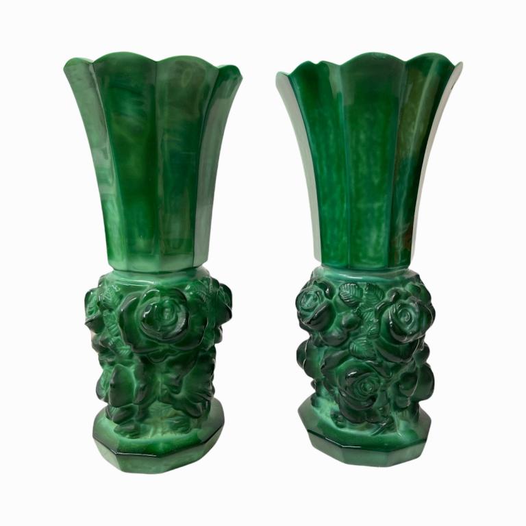 Pr Art Deco Bohemian Malachite Glass Nudes Vases (1 of 4)