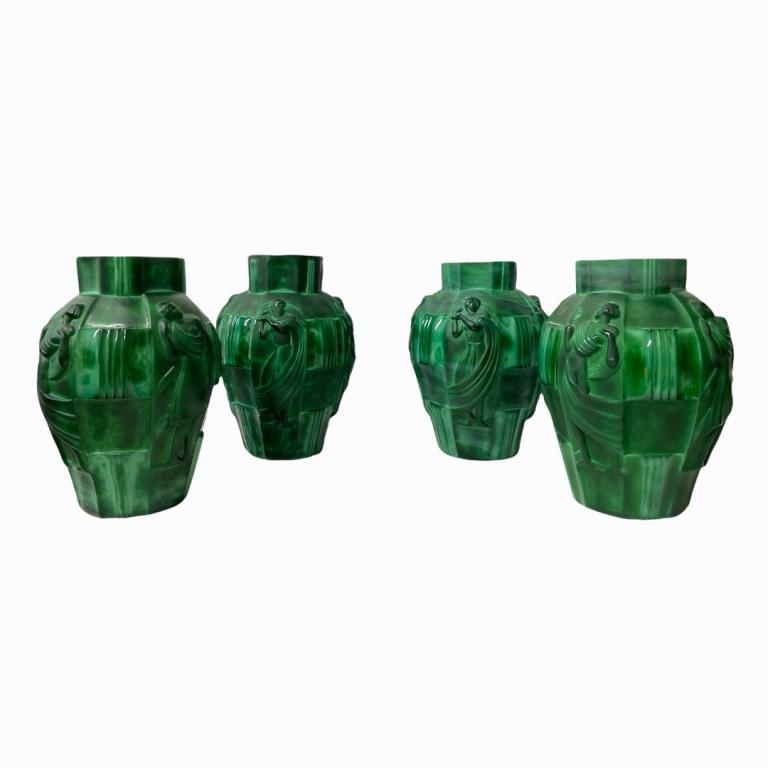 Set Of 4 Art Deco Bohemian Malachite Glass Vases (1 of 4)