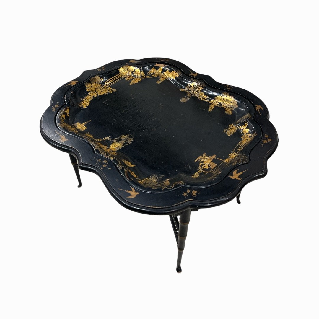 Antique French Black Lacquer Gold Painted Table (1 of 4)