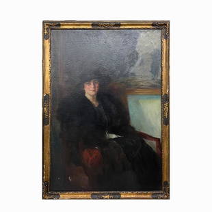 Wayman Adams American School Portrait Of Lady Oil: Wayman Elbridge Adams (AMERICAN / NEW YORK / TEXAS, 1883 - 1959) large early 20th century American School oil painting on canvas depicting the portrait of a woman. Metal plaque to verso holds the titl