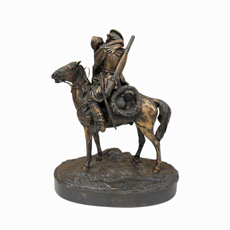 Vassili Grachev Russian Soldier With Lover Bronze: Vassili Yacovlevitch Grachev (RUSSIAN FEDERATION, 1831 - 1905) heavy bronze group sculpture depicting a soldier on horseback kissing his lover. Signed in Cyrillic to base. Marked with C. F. Woerffel,