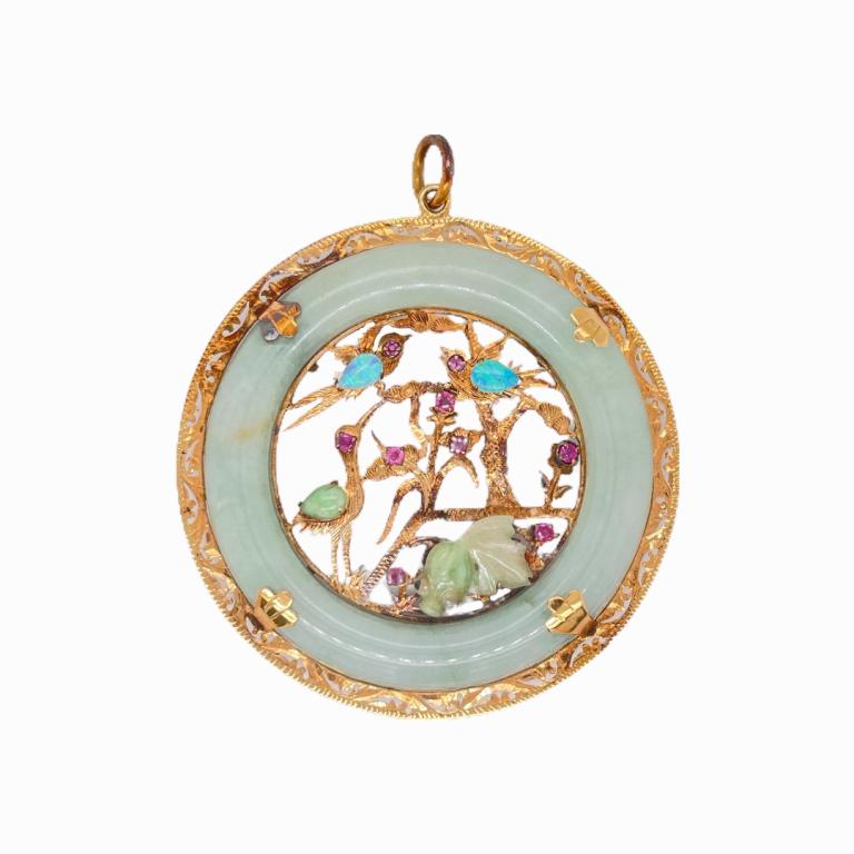 Vintage Large 14K Jade & Opal Gemstone Pendant (1 of 1)