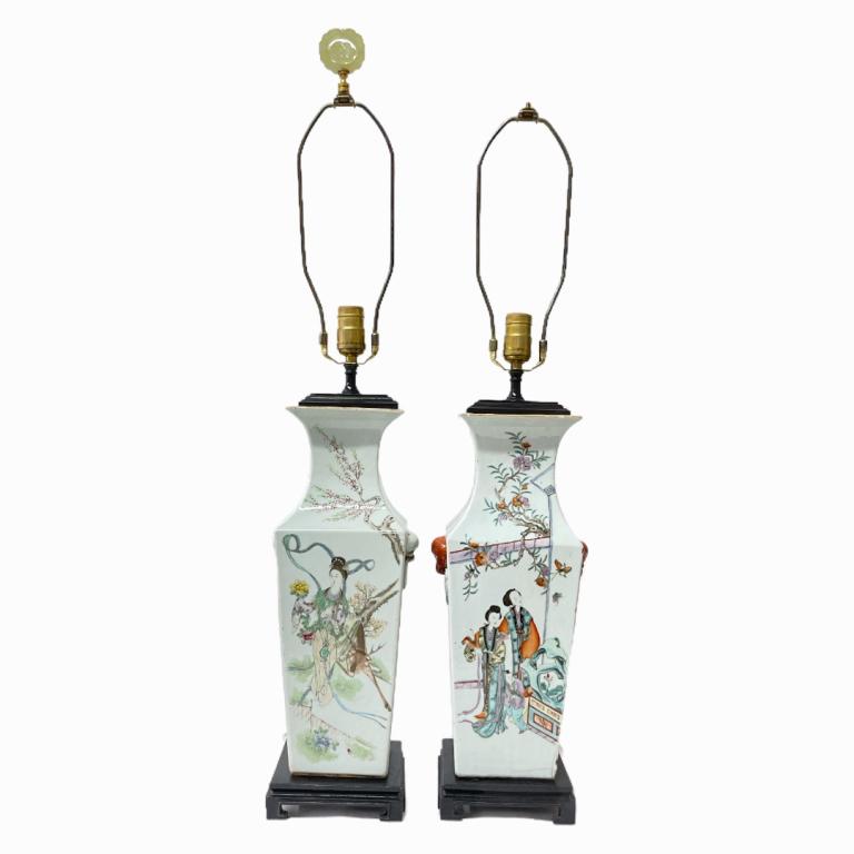 Pr Antique Chinese Famille Rose Square Vase Lamps (1 of 5)