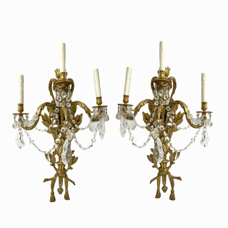 Pr. French Ormolu Gilt Bronze Crystal Wall Scones (1 of 3)