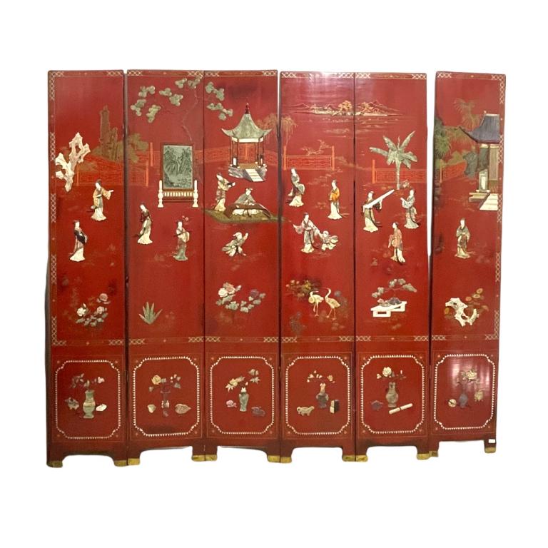 Vtg Chinese Multi-Stone Inlay 6 Panel Room Screen (1 of 8)