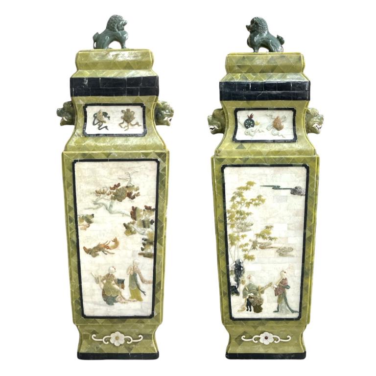 Pr Chinese Multi-Stone Applied Palatial Cov'd Urns (1 of 8)