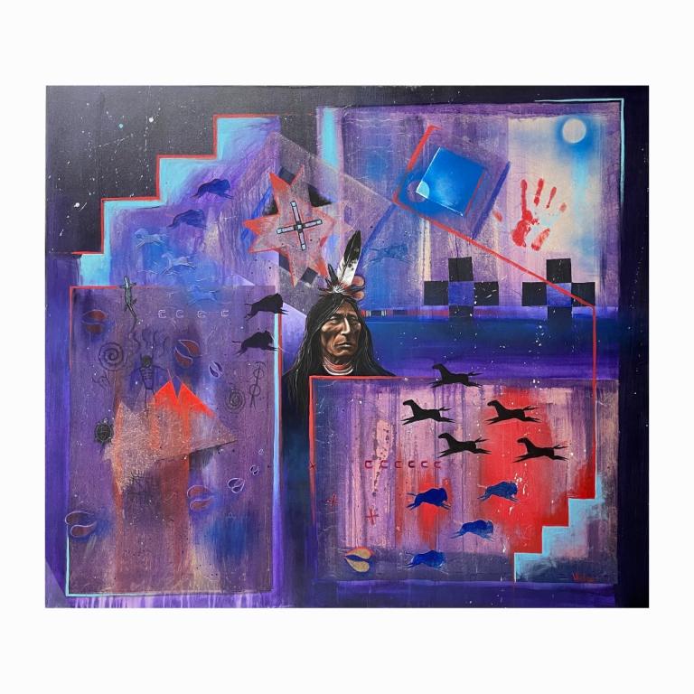 Donald Brewer Wakpa (b.1961, Cheyenne): One of Wakpa original works dedicated to capture the pride and spirituality of his people, the Cheyenne River Sioux Tribe, blending traditional with contemporary. It measures 52" x 60" inches. Good co